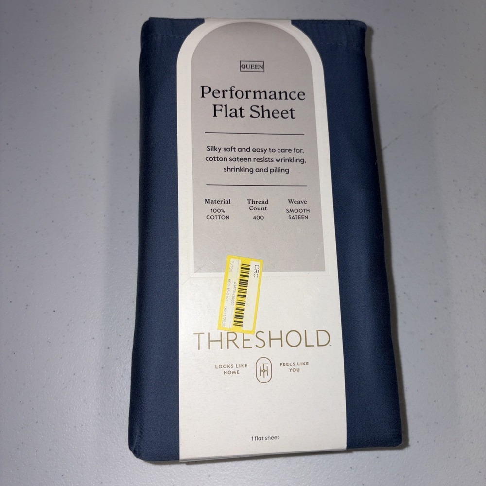 Threshold Performance 100% Cotton Sateen QUEEN Flat Sheet Blue 400 TC Smooth